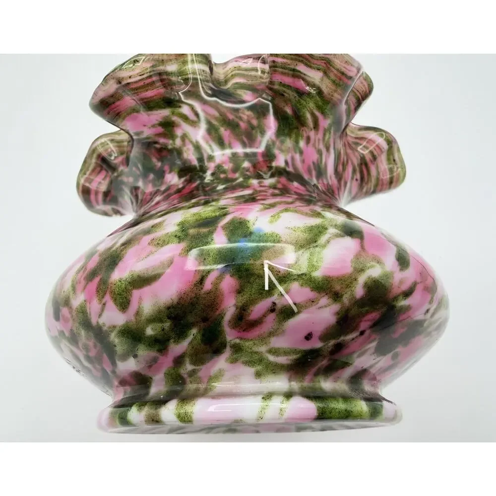Fenton Vasa Murrhina Pink with Green Aventurine Ruffled Edge Rose Bowl Vase 4”